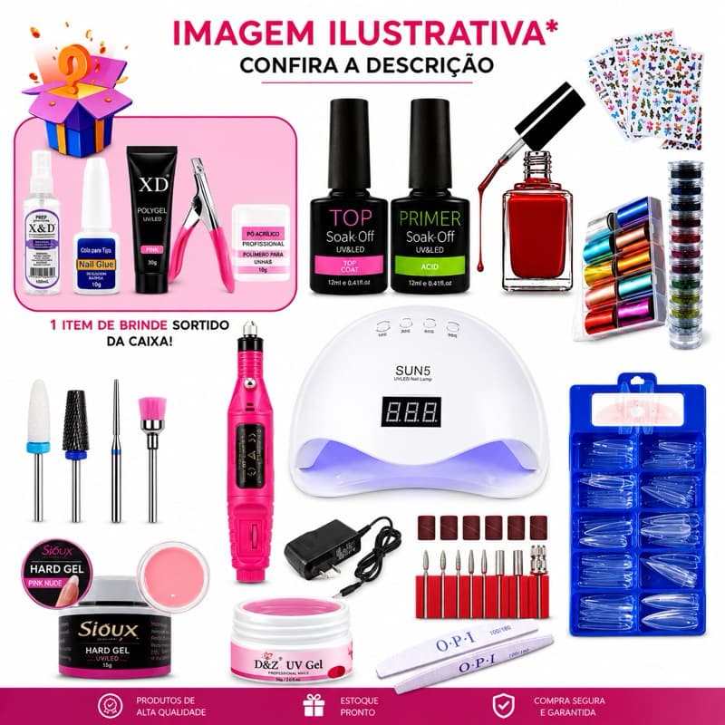 KIT Cabine de LED UV Sun 5 Motor Caneta Lixadeira Elétrica Prep unha tips postiça gel profissional