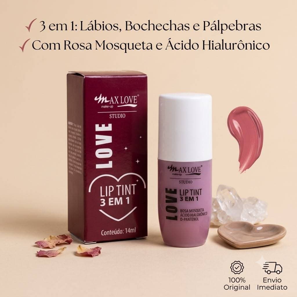 Lip Tint Max Love Studio 3 em 1 14ml | Longa Duração | Vegano | Rosa Mosqueta e Ácido Hialurônico blush gloss e sombra
