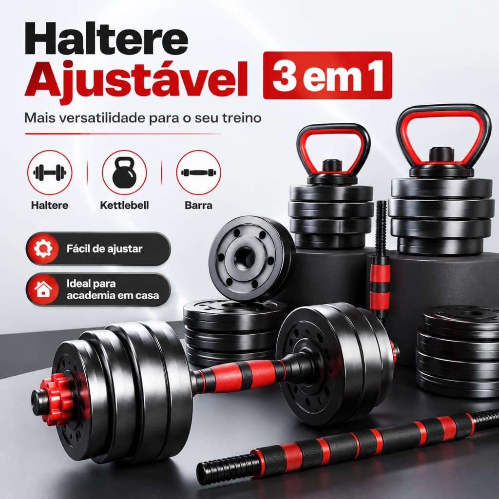 Kit de Treinamento Físico 15kg Halteres Barra Kettlebell 6 em 1 Peso Musculação treino em casa