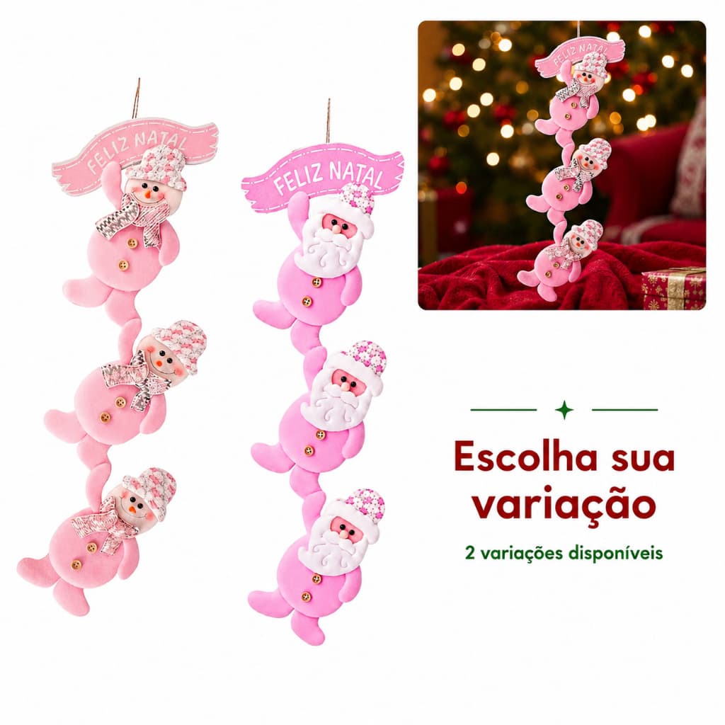 Enfeite Natalino Pendente 3 Papais Noéis Rosa 55cm