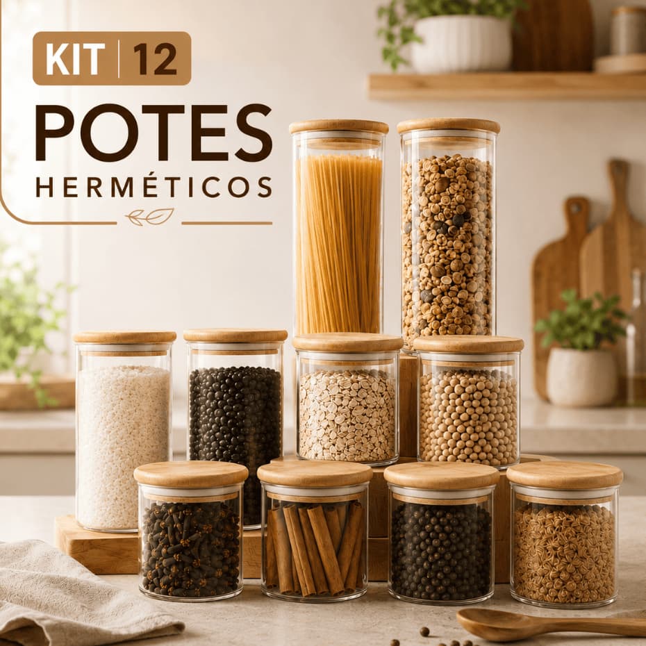 Kit 12 Potes Organizadores Herméticos Mantimentos Vidro Bambu