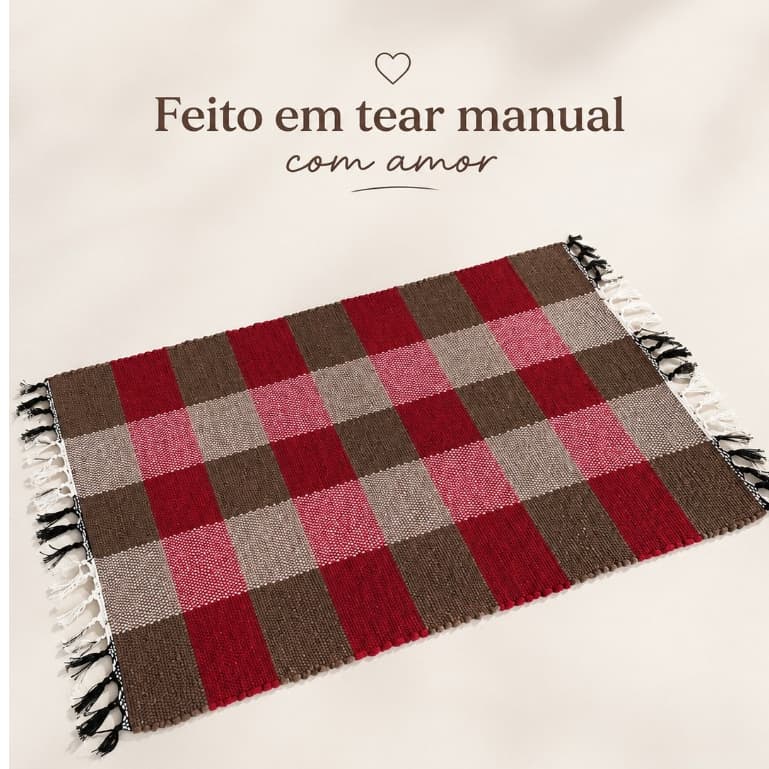 Tapete Artesanal Xadrez em Tear Manual – Algodão Resistente com Franjas para Porta, Quarto e Cozinha