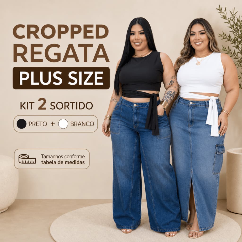 Kit 2 Cropped Feminino Plus Size Regata com Amarração na Cintura Preto Branco Marrom G1 G2 G3
