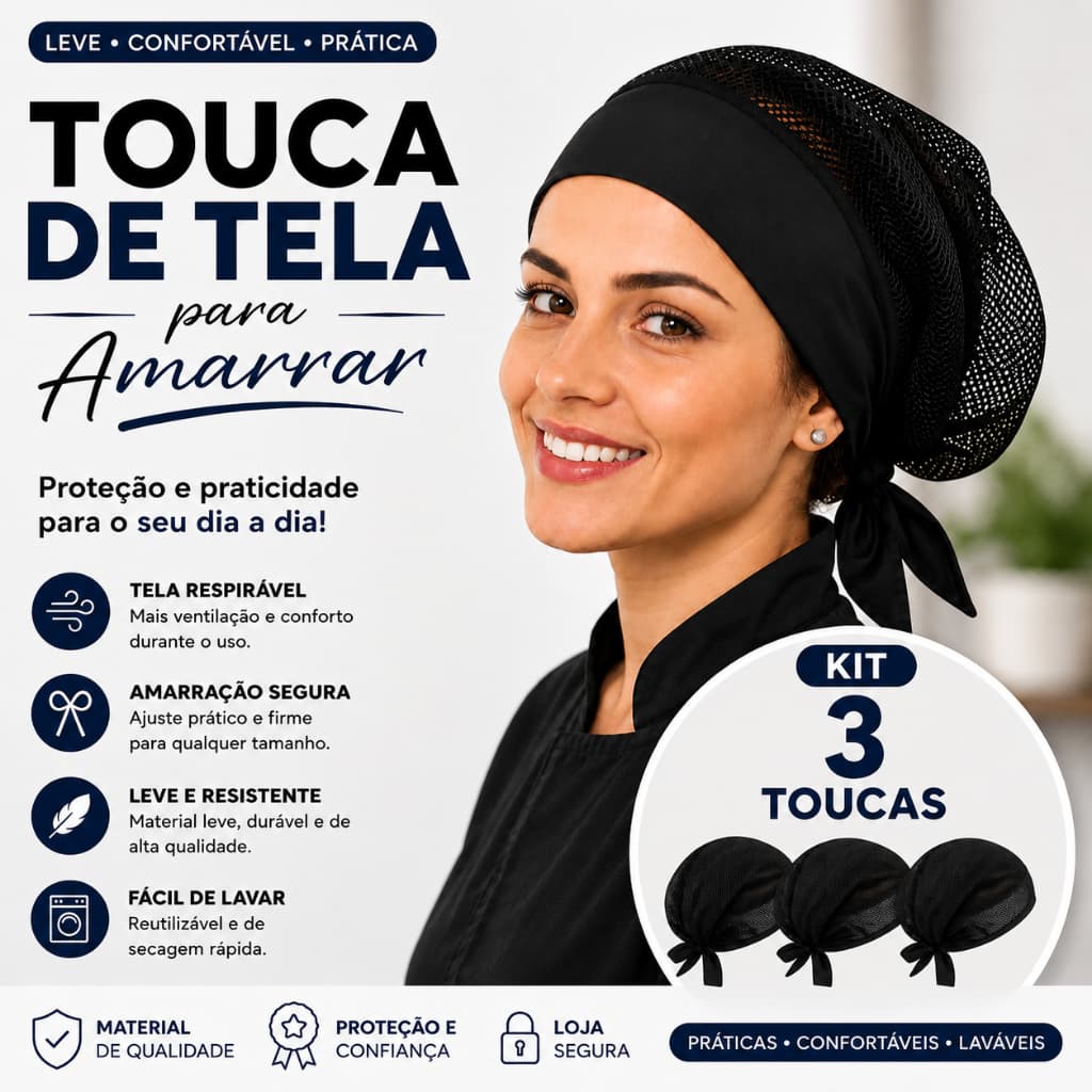 Kit 3 Toucas Tela Lavável Ajustável Confortável Segurança Uniforme Cozinha Restaurante Pizzaria Fast Food Food Truck