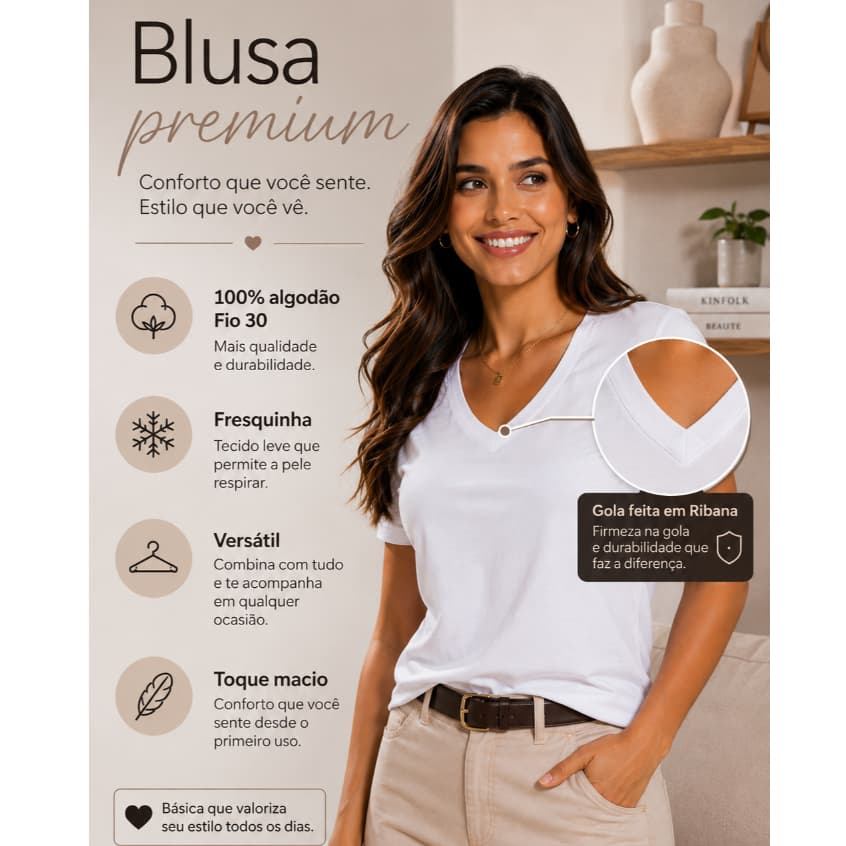 Blusa Feminina Gola V Camiseta Básica 100% Algodão Uniforme Dia a Dia Confortavel T-shirt Verão
