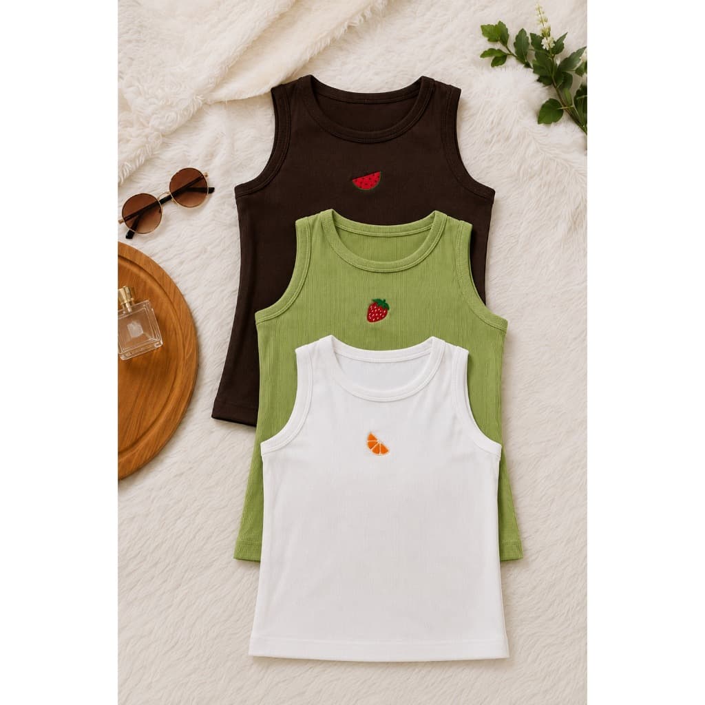Kit 3 Regatas Femininas Caneladas com Bordado de Frutinhas - Laranja - Morango - Melancia, Lindinhas e Delicadas