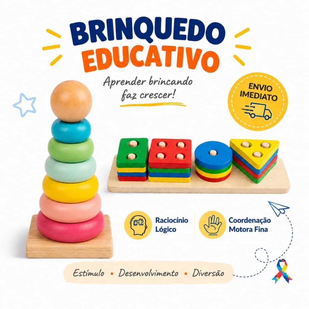 Brinquedo de Madeira Sensorial Encaixe de Formas, Torre de Encaixe Brinquedo Montessori