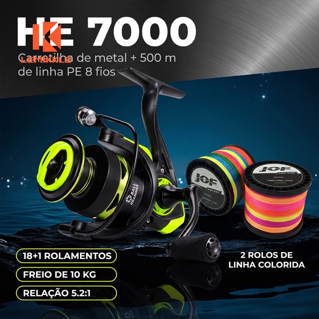 LEMIKKLE - Molinete HE‑7000 18+1 Rolamentos Freio 10 KG + Linha PE 8 Fios , Equipamento Para Pesca de Grandes Peixes
