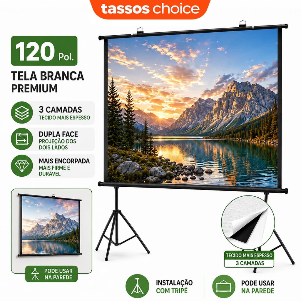TASSOS Tela de Projeção Branca 120 Polegadas 3 Camadas Dupla Face Com Suporte 16:9 Cinema em Casa Projetor