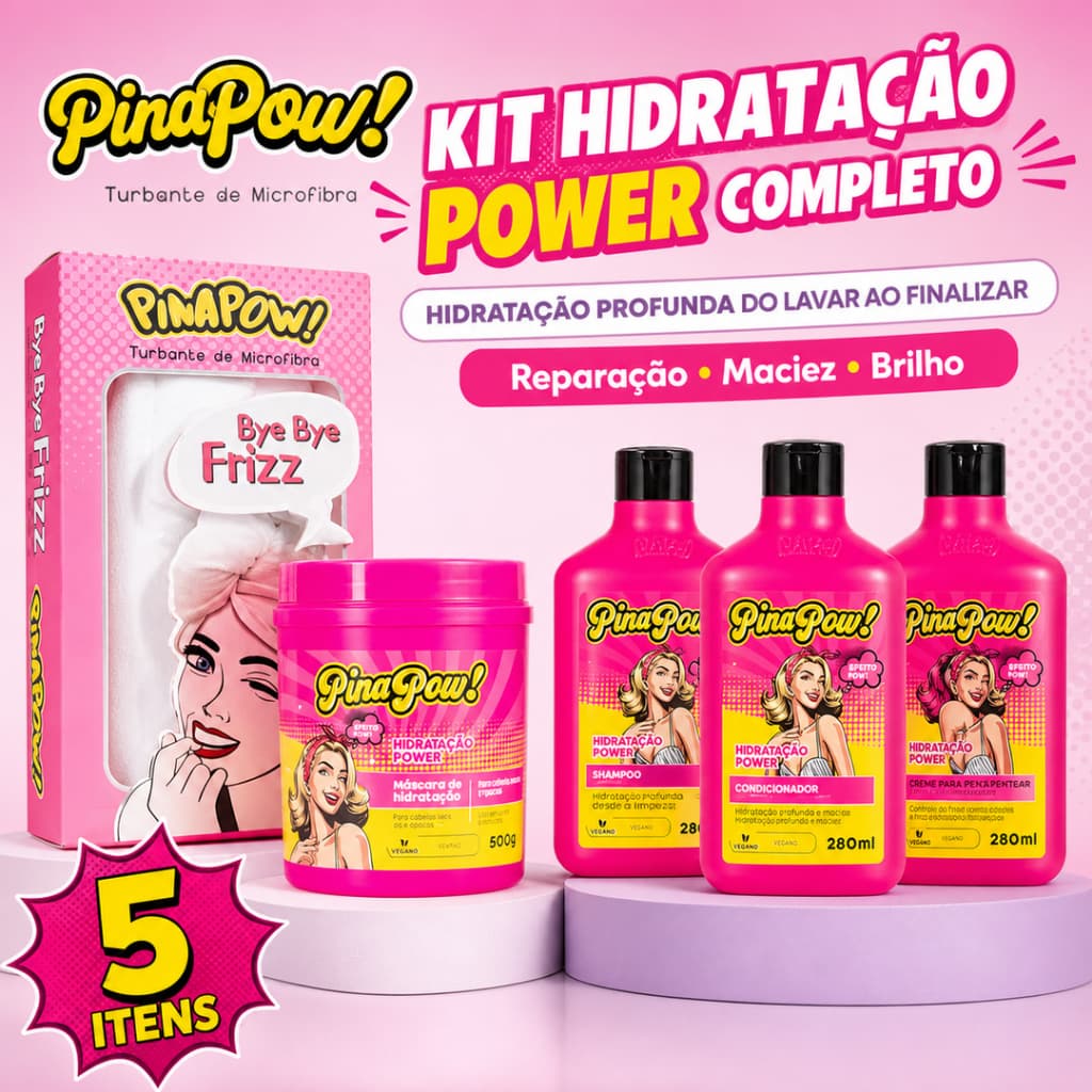 Kit Pinapow Hidratação Power Completo | Shampoo + Condicionador + Creme + Máscara + Turbante | Hidratação Profunda
