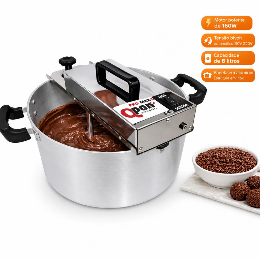 Panela Mexedeira Brigadeiro 8L Automática Qpan 160W Bivolt Inox Doces Cremes Recheios Geleias Confeitaria Profissional