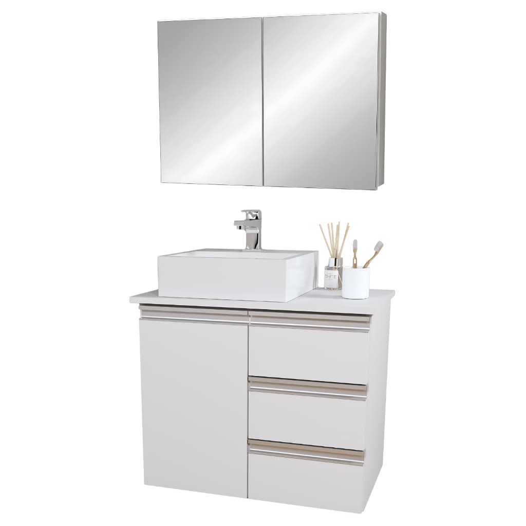 KIT Armário Aéreo Com Espelho + Gabinete Para Banheiro MDF Branco 60cm Sem Fundo
