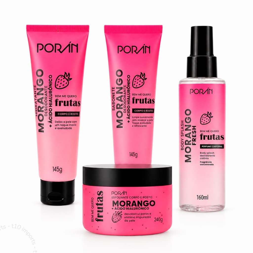 Kit Poran Cuidado Corporal Morango Escolha Seu Esfoliante Sabonete Liquido Hidratante Body Splash