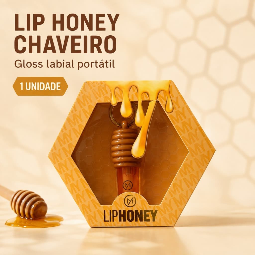 Gloss Labial Lip Honey com Chaveiro Portátil Brilho Labial Efeito Gloss Formato de Mel