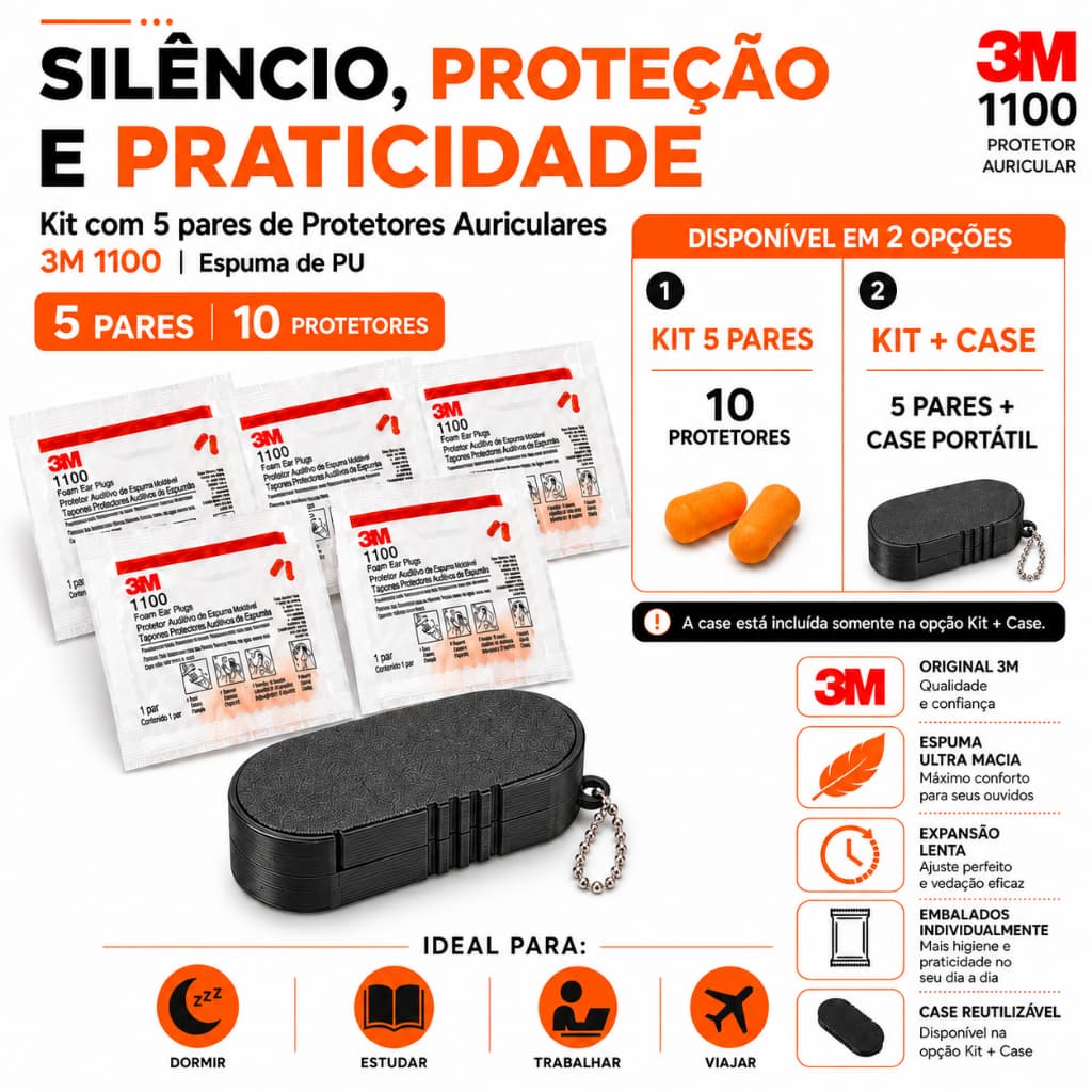 Kit 5 Pares Protetor Auricular 3M 1100 Original Espuma Anti Ruído Dormir Trabalhar Estudar Viajar Confortável + case