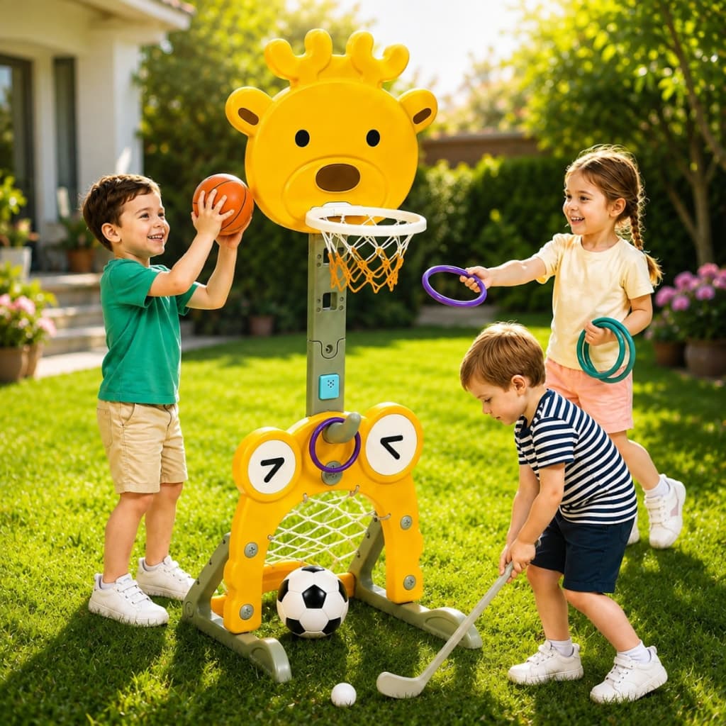 Cesta De Basquete Infantil 5 em 1 Menino e Menina Ajustável Com Reprodutor de Música, Golzinho, Basquete, Golf, e Argola