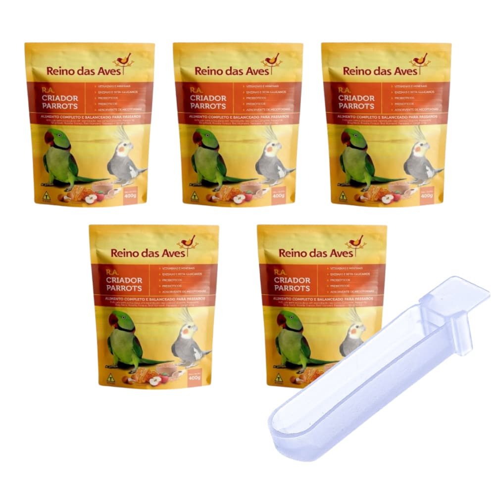 Kit 5 RA Criador Parrots 400g + Comedouro Unha | Indicado para Calopsita, Agapornis e Ring Neck