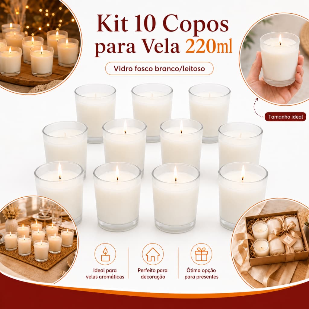 Kit 10 Copos de Vidro Fosco 220ml para Velas Aromáticas Artesanais Porta Vela Branco Leitoso Decoração e Lembrancinhas