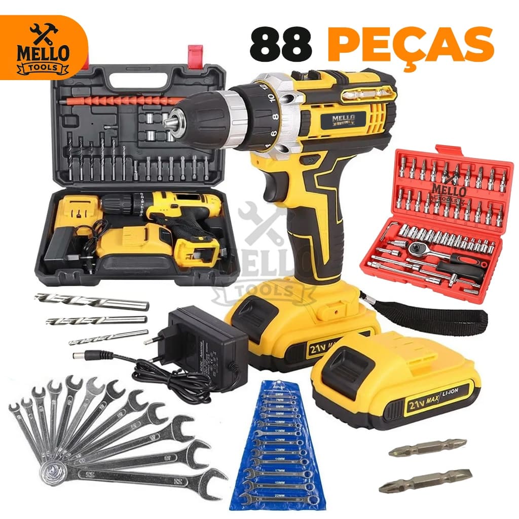 Jogo kit Ferramentas com 88 Peças Parafusadeira/Furadeira e Martelete Sem Fio 48V + Kit Jogo Soquete + Jogo chave fixa
