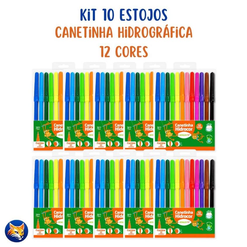 Kit 10 De Estojos Caneta Hidrográfica Hidrocor Lavável Canetinha Com 12 Cores Leo&Leo