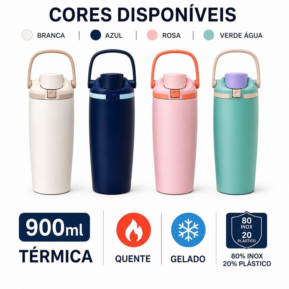 Garrafa Térmica 900ml com Alça e Canudo Embutido – Garrafa para Bebidas Quentes e Frias