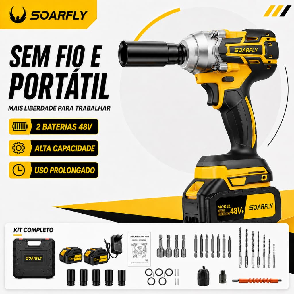 SOARFLY Chave De Impacto 550N Parafusadeira Furadeira 2 Baterias 48v