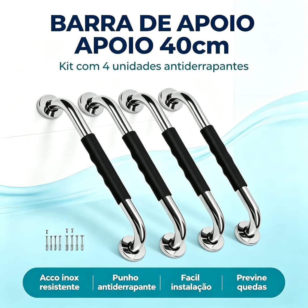 Kit 4 barras de apoio banheiro inox 304 punho silicone antiderrapante segurança para idosos instalação simples