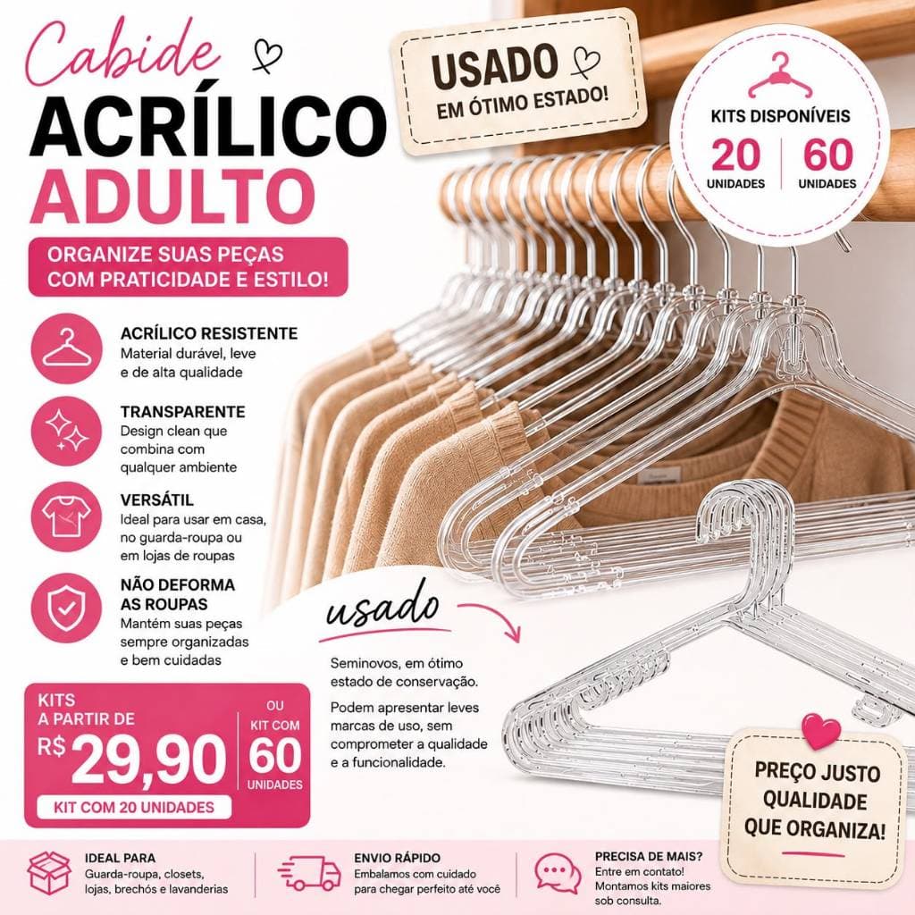 Cabide Acrílico Adulto com ou sem Presilha Kits Cabides Para Calças Transparente Adulto Seminovos