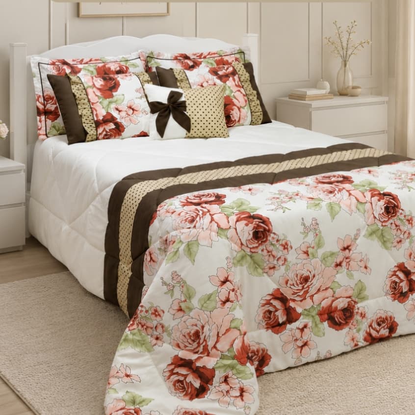 Kit Edredom Casal Queen 7 Peças Estampado Floral Vitoria Toque Macio