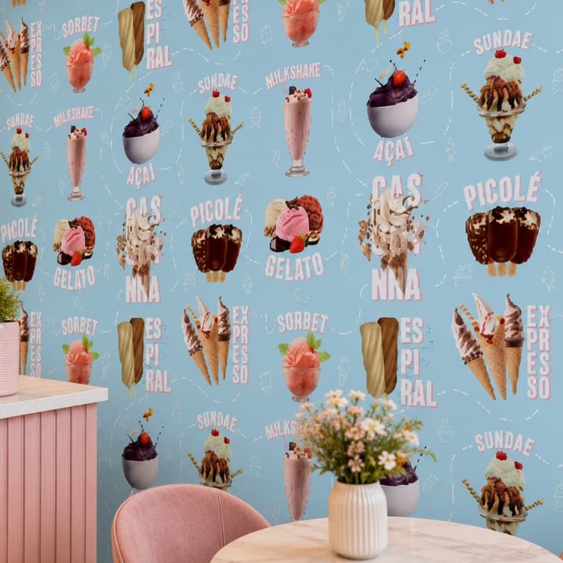 Papel de Parede Adesivo de Sorvete Sundae Milkshake Sorveteria Casquinha Picolé Fundo Azul Doce