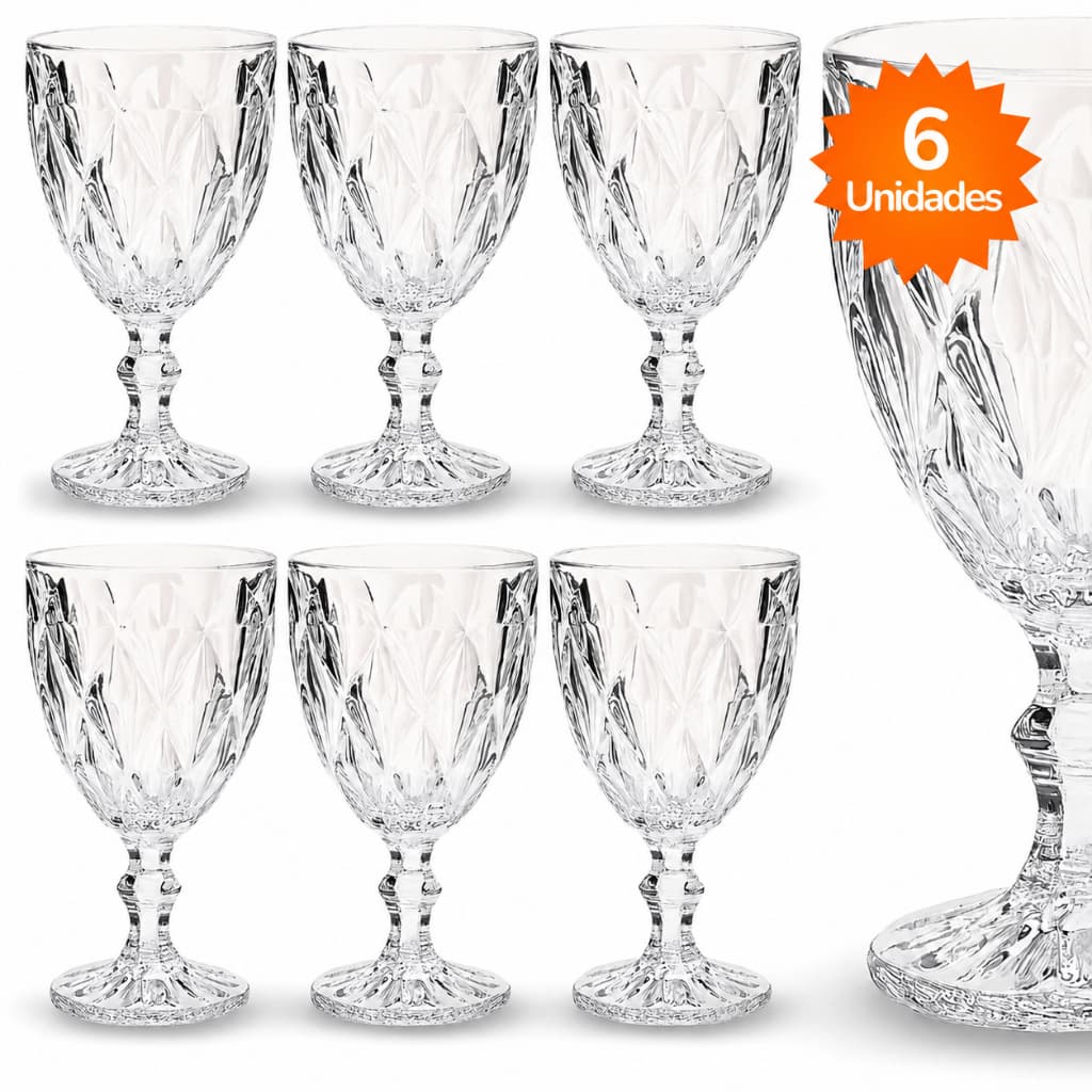 Jogo de 6 Taças de Vidro Diamond 340ml Transparente com variação