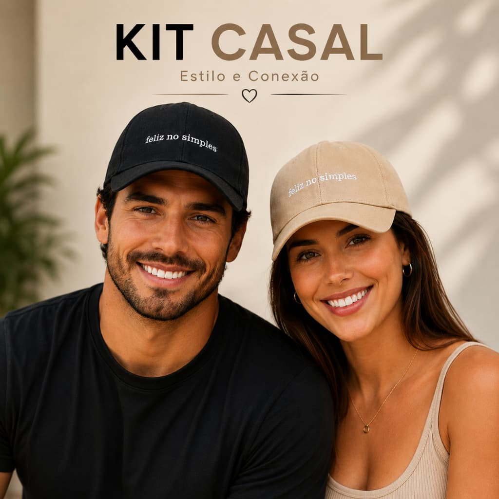 Kit Casal 2 Bonés Feliz no Simples Bordado Aba Curva Ajustável Masculino Feminino