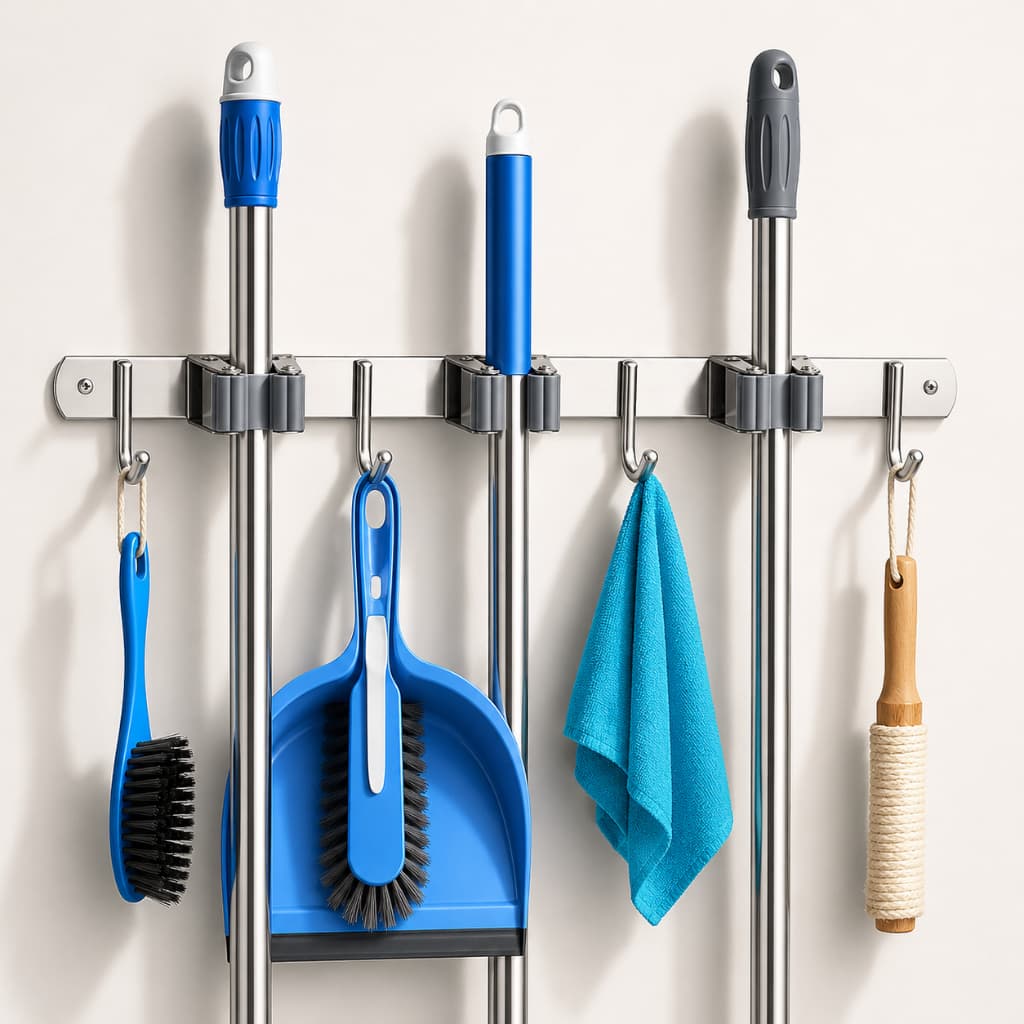 Suporte de Parede Inox Porta Vassoura Mop Rodo Pá Multiuso com 4 Ganchos para Lavanderia Cozinha Garagem
