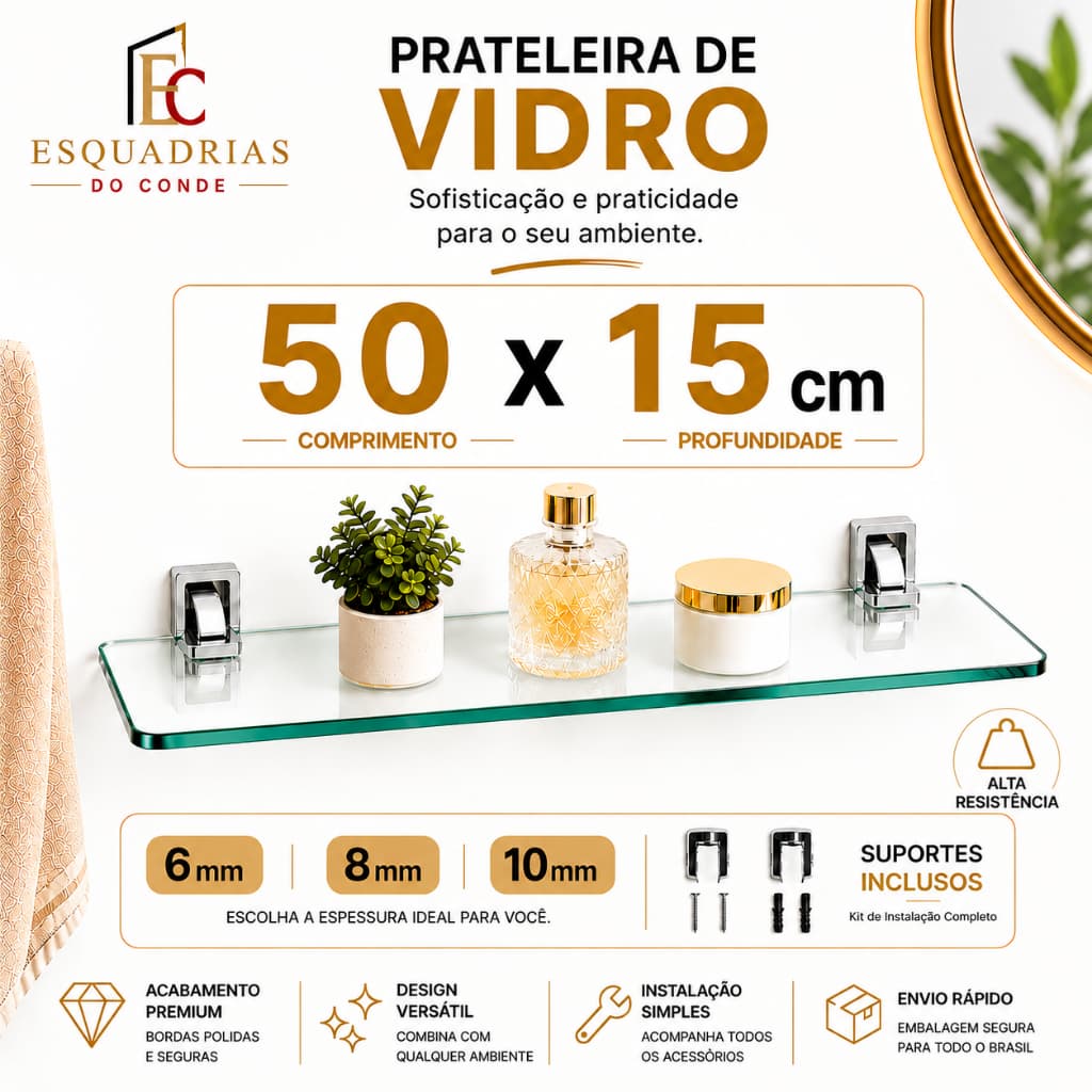 PRATELEIRA DE VIDRO 50X15CM PARA BANHEIRO PORTA SHAMPOO ORGANIZADOR COM SUPORTE 6MM 8MM 10MM