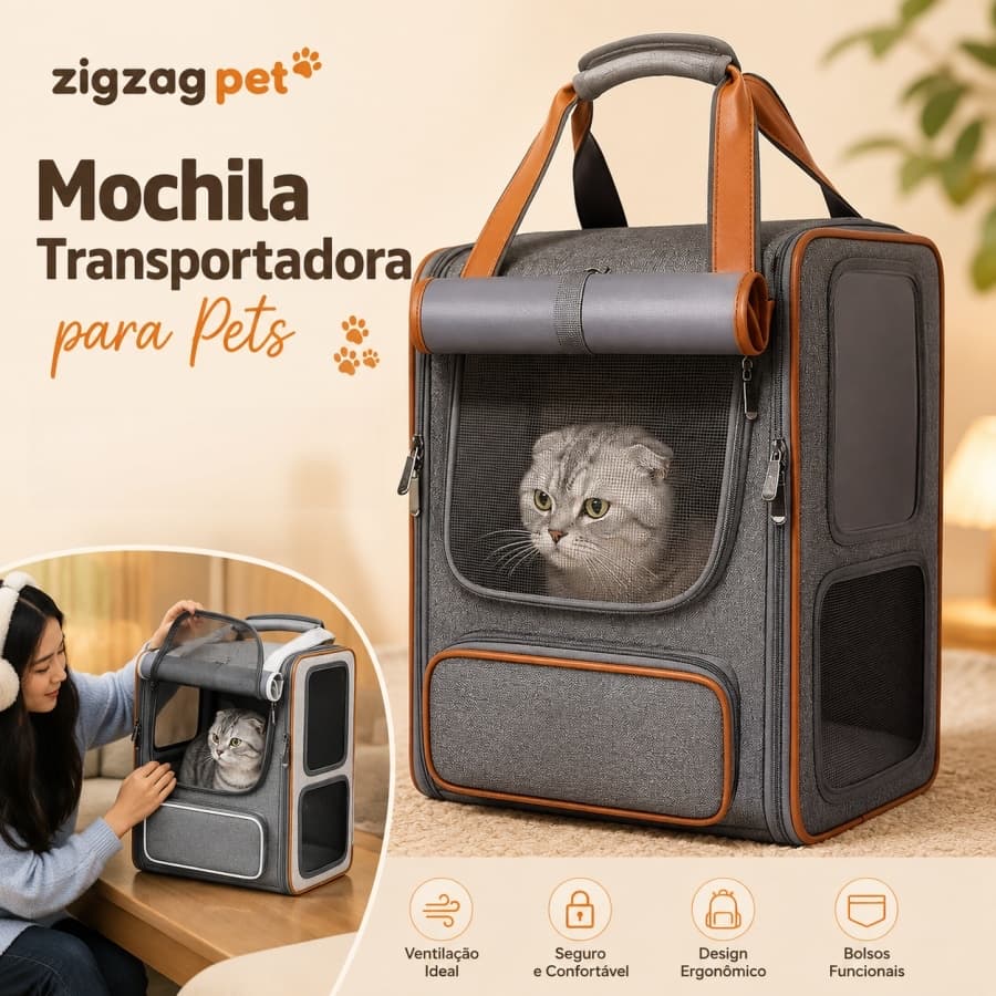 Mochila de Transporte para Gato até 10kg Bolsa Pet Respirável com Abertura Lateral e Bolso Frontal