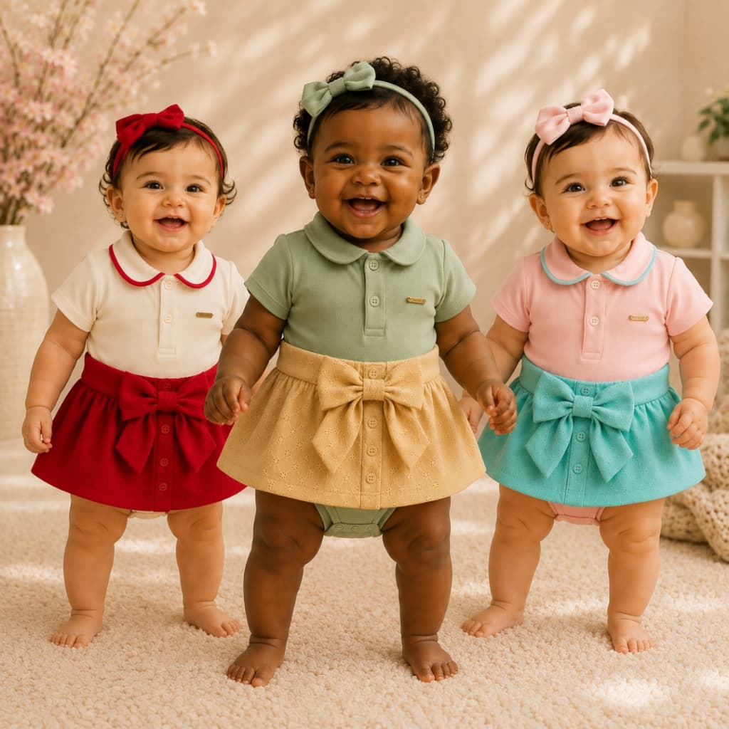 Conjunto feminino infantil body gola polo + saia com laço Conjunto para bebes