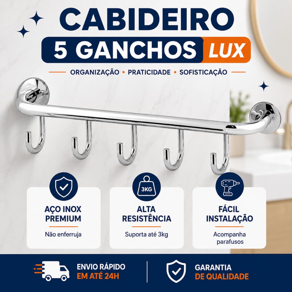 Cabideiro 5 Ganchos Lux Aço Inox — Não Enferruja Resistente Banheiro Lavabo