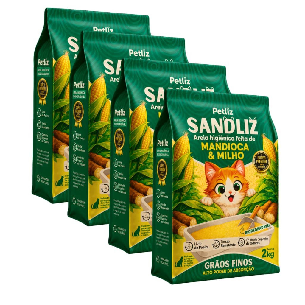 Areia Gato 4 Pacotes 2kg Total 8kg Premium Sem Cheiro Alto Rendimento Sem Poeira Grãos Finos Torrão Mandioca Milho