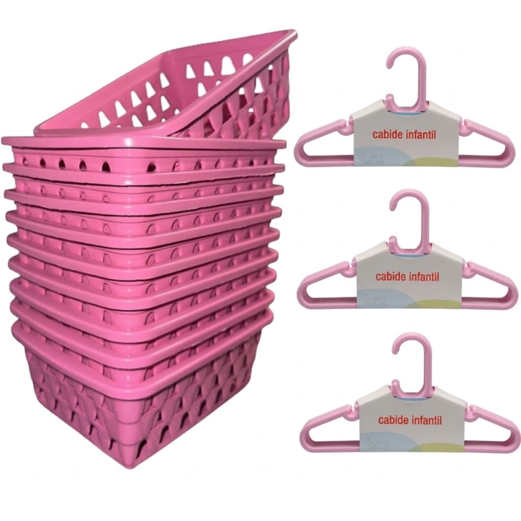 Kit 10 Cabides Infantil Premium 6 Cesto Organizador Multiuso