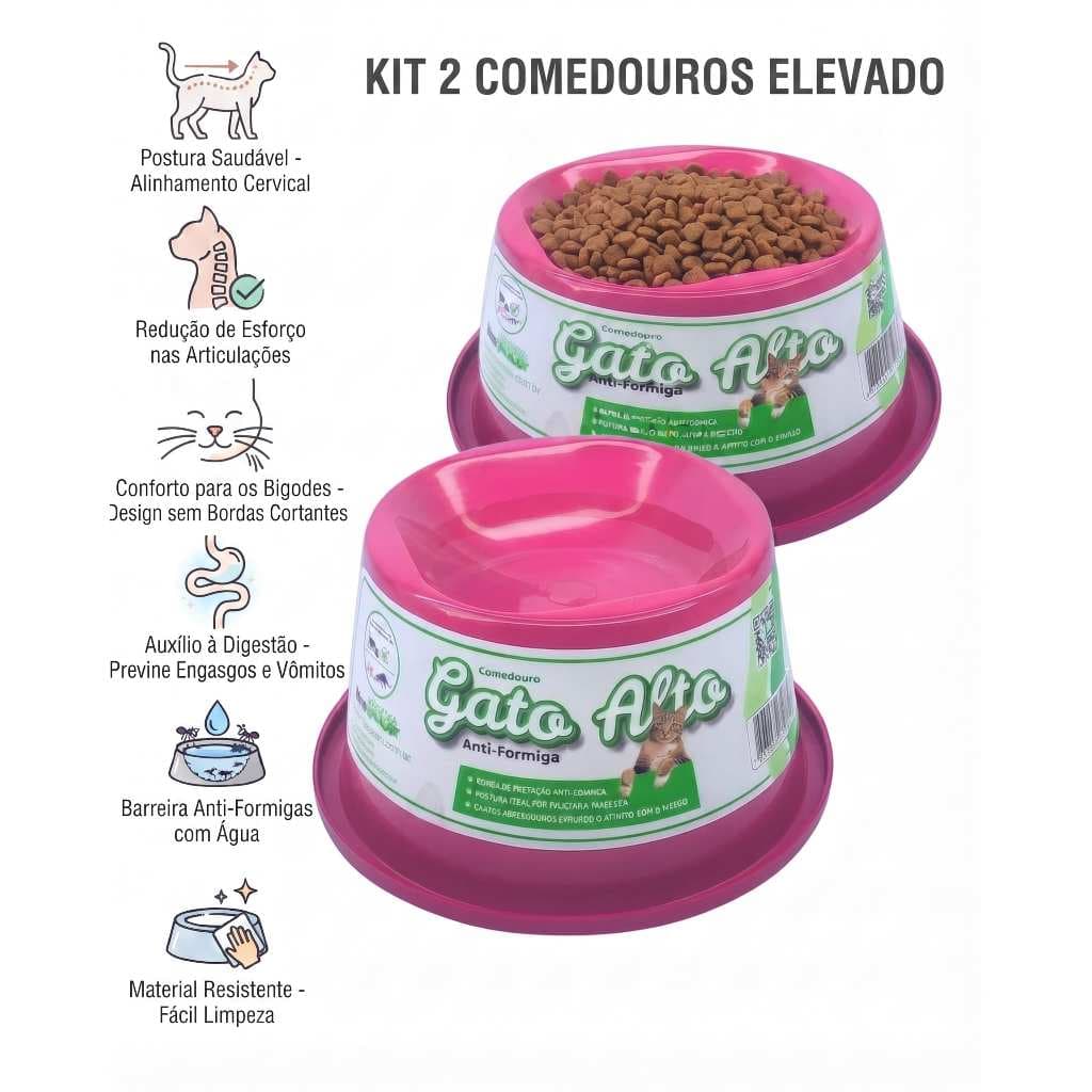 Kit 2 Comedouro Elevado para Gatos Anti Formiga Postura Correta Pote de Ração