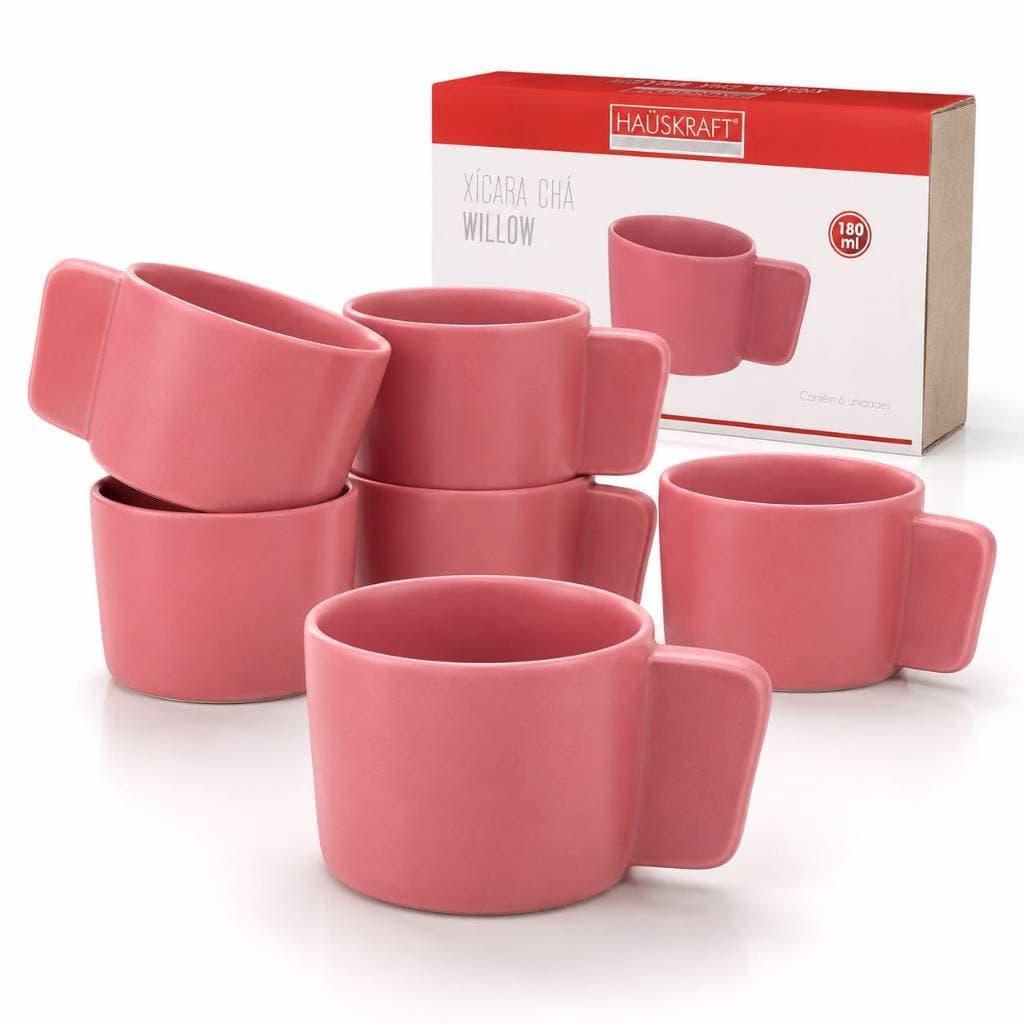 Jogo 6 Xícaras Chá Willow Hauskraft Cerâmica Rosa 180ml Café Chá Presente Kit 6 Xícaras Chá Cerâmica restaurante padaria