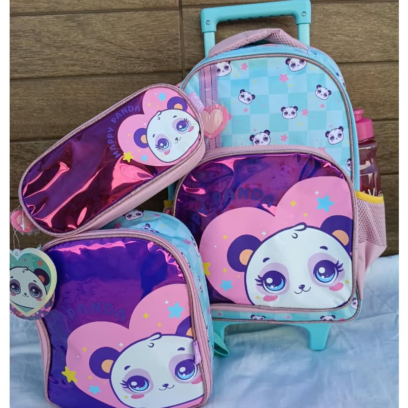 Kit Escolar Infantil Menina Panda Mochila de Rodinhas 16" Lancheira Térmica Estojo e Garrafinha Nova Rio