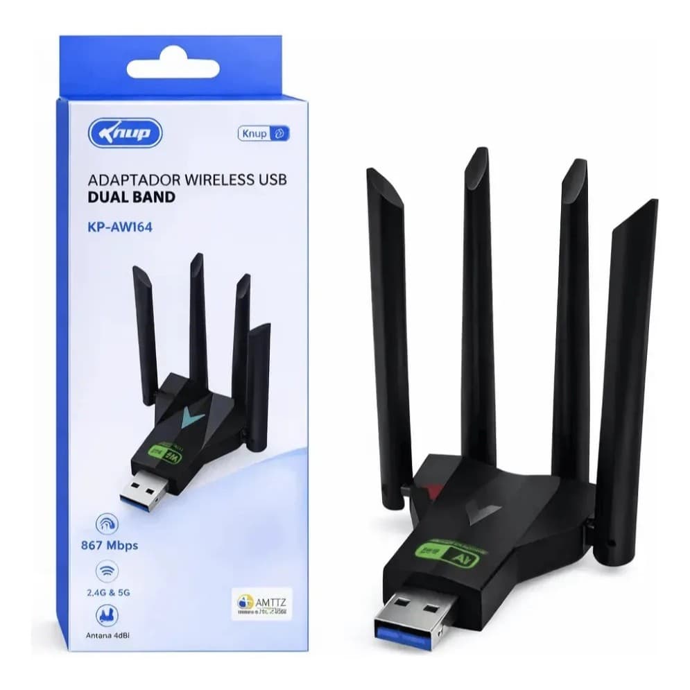 Adaptador WiFi USB Dual Band 2.4G 5G 867Mbps 4 Antenas 4dBi KP-AW164 Knup