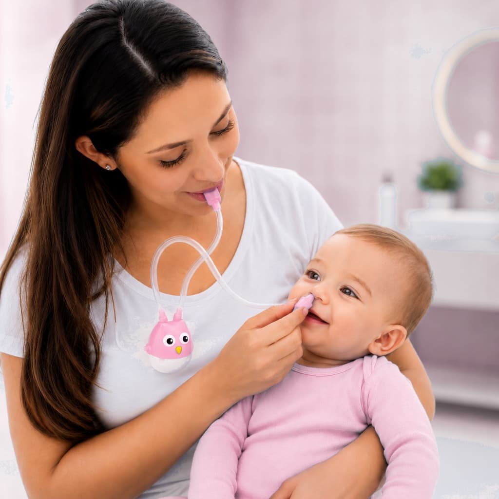 Aspirador Nasal Infantil Rosa Bebê de Silicone com Sugador de Catarro Meleca Reservatório Higiênico