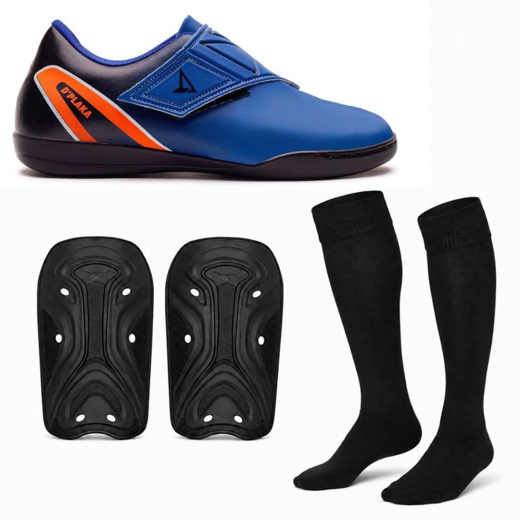 Chuteira Infantil de Futsal com Fechamento em Velcro + Meião + Caneleira de Futebol Juvenil