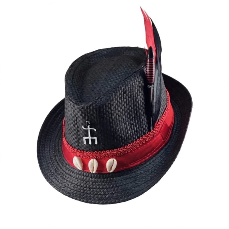 Chapéu luxo orixá Exú tiriri marabô esù eshu preto vermelho penas búzios umbanda candomblé quimbanda