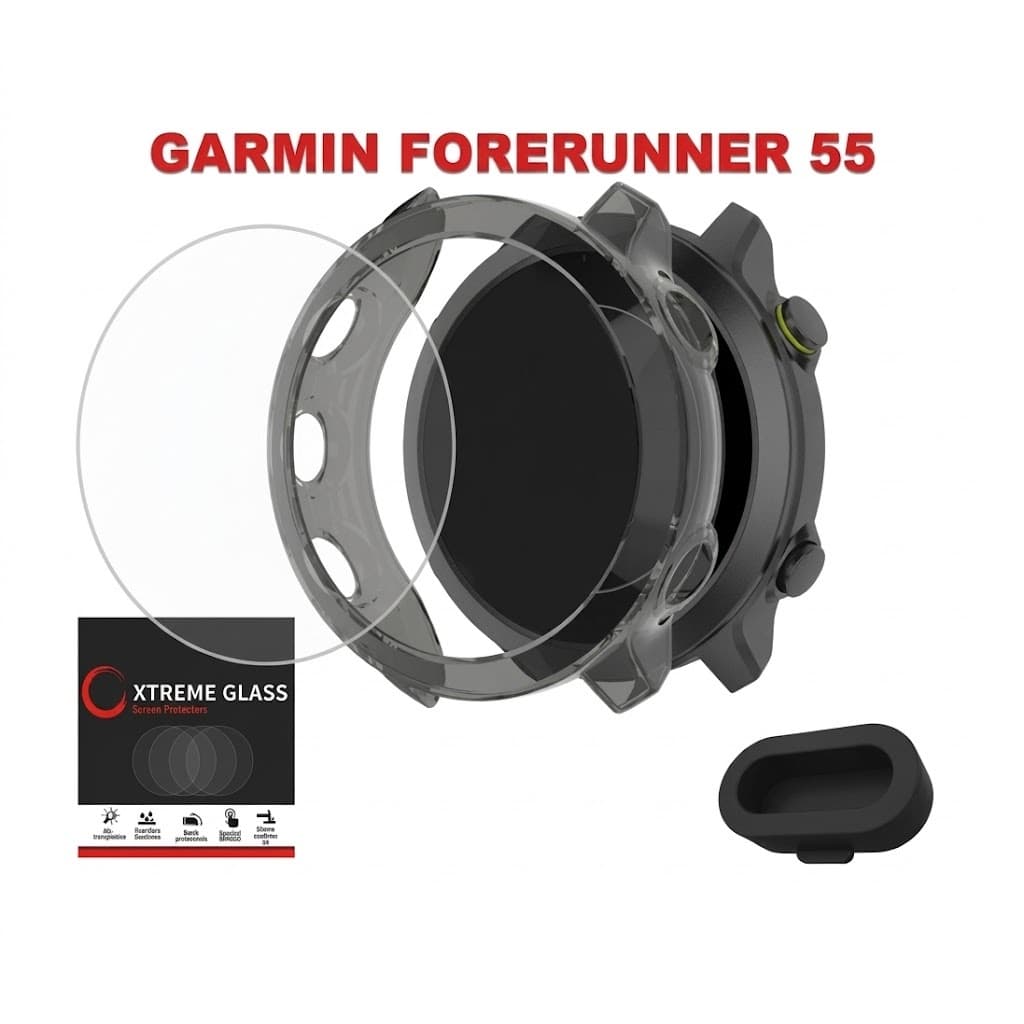 Kit Proteção Garmin Forerunner 55: Capa, Película Vidro e Plug USB