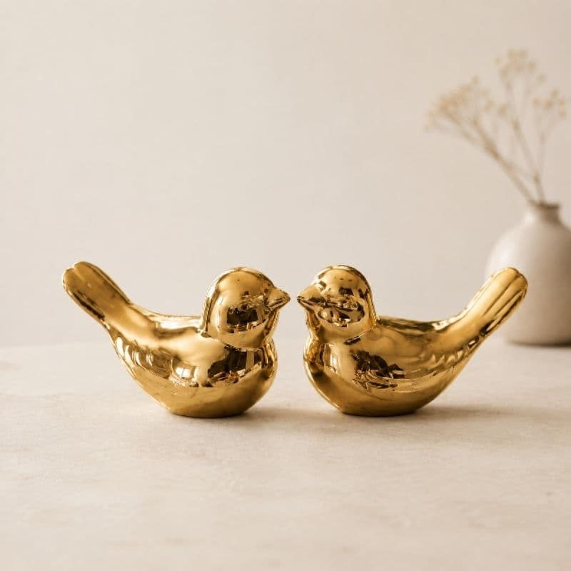 Kit Casal de Passarinhos Decorativos em Cerâmica Dourado, Prata ou Rosé Gold – Enfeite para Sala, Quarto e Escritório