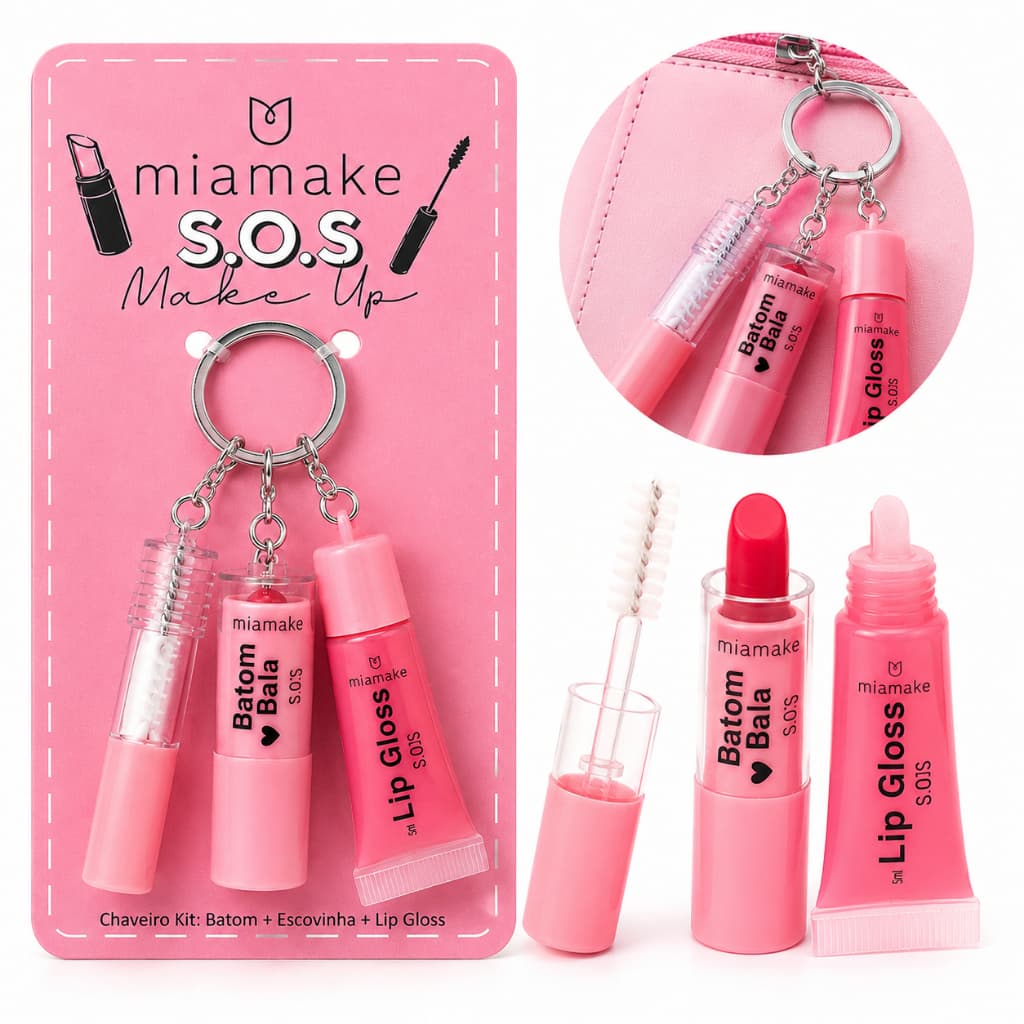Kit Chaveiro Maquiagem Mia Make S.O.S Gel Fixador Batom Lip Gloss 3 em 1