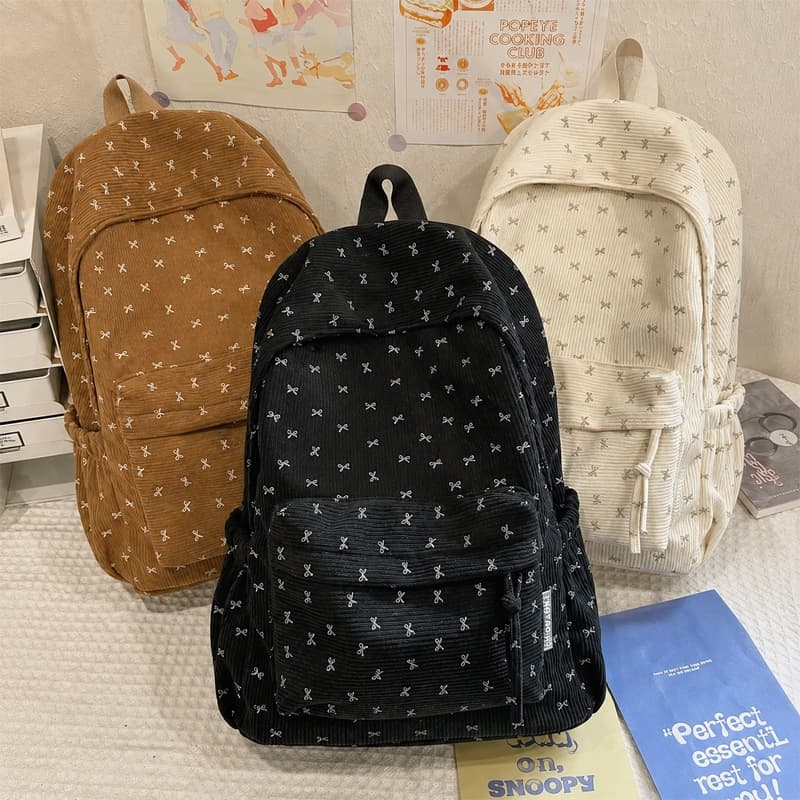 Mochila Feminina Veludo Cotelê com Laço Grande Capacidade Bolsa Escolar Estilo Coreano Casual para Faculdade e Viagem